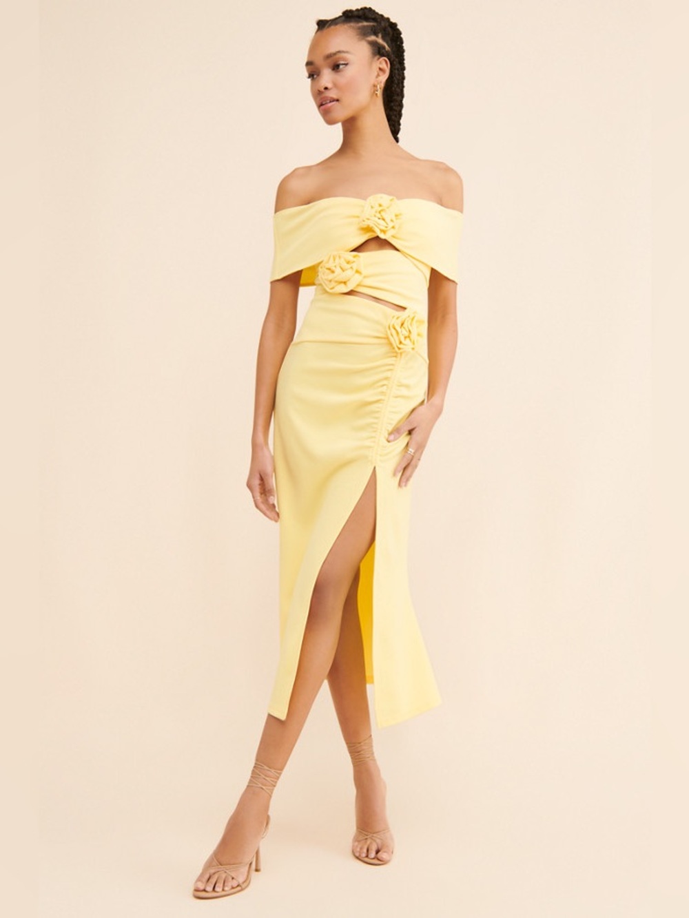 Elliatt Sardinian Midi Dress Off-Shoulder Yellow Midi Dress Rosettes Front Slit